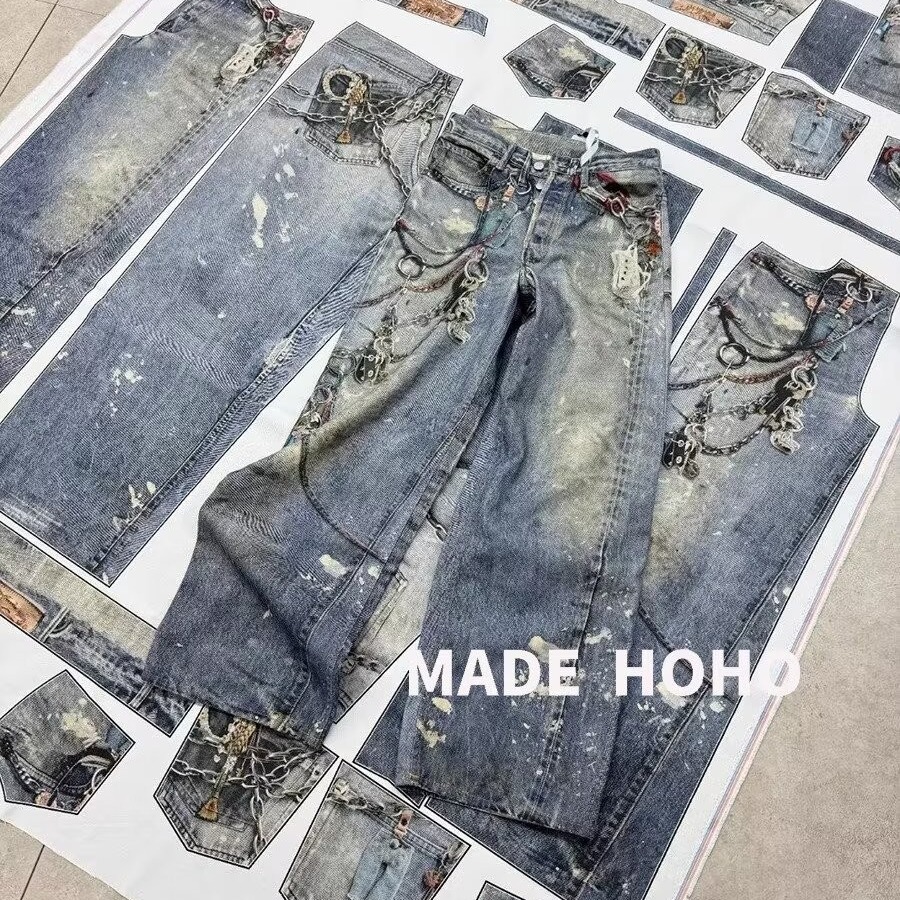 Σχεδιασμός ανδρικών ενδυμάτων, τρισδιάστατα εκτυπωμένα τζιν με αλυσίδα, ανδρικό φθινοπωρινό street style, άβατο στυλ, πιτσιλισμένο μελάνι σε φαρδιά μπατζάκια_voghion.com