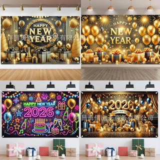外贸跨境热卖2026黑金亮片新年背景节日派对用品装饰摄影横幅挂布