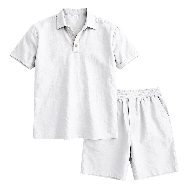 Ensemble polo et short de plage décontractés en lin, style américain, pour homme, idéal pour l'été, les vacances et les trajets quotidiens. Grandes tailles disponibles. Coupe ample. Polo à revers simple et coupe simple._voghion.com