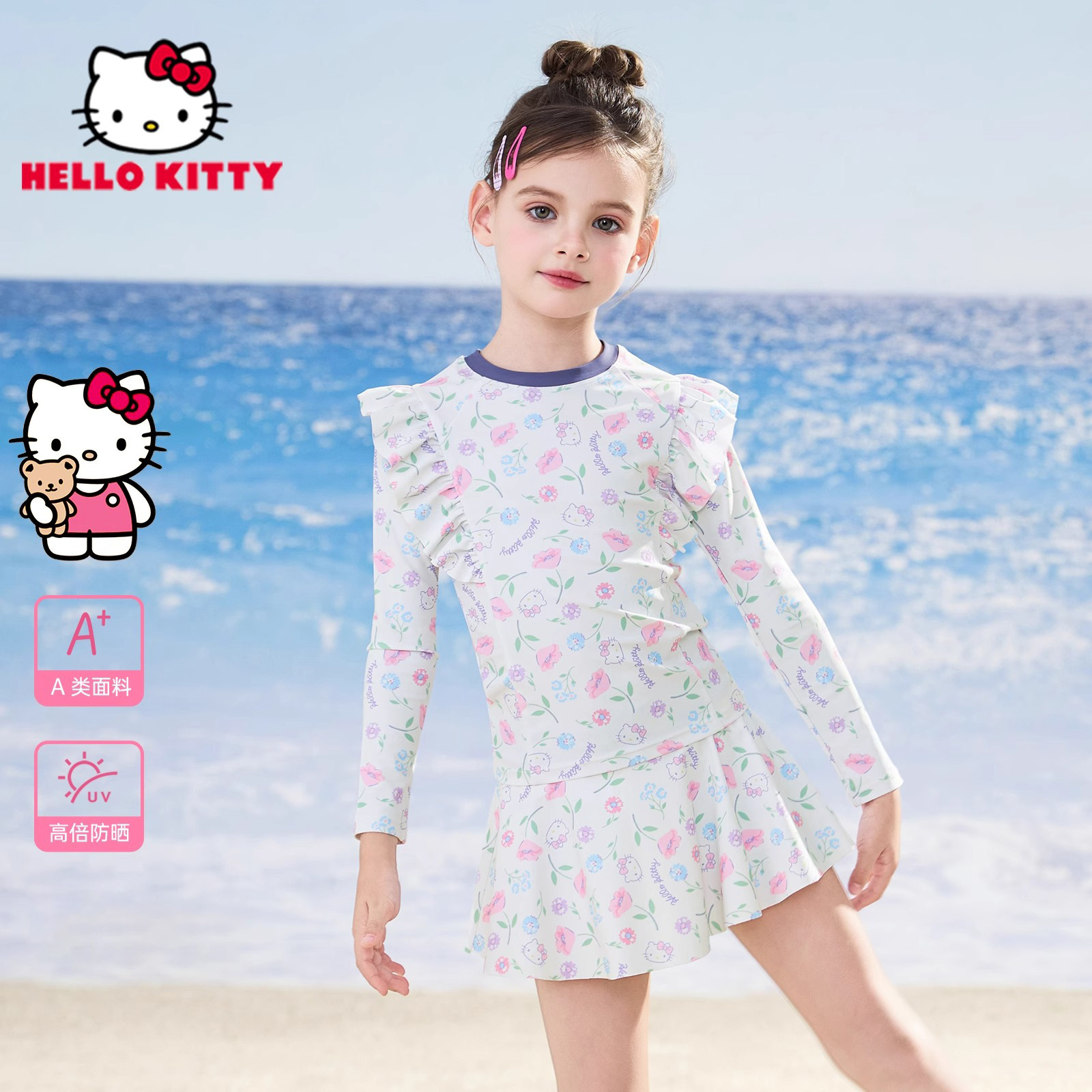 Hellokitty Kidsren's Swimsuit Girls Split 2025 New Quick-Drying Girl Baby Long-Sleeved Swimsuit Ready in Stock