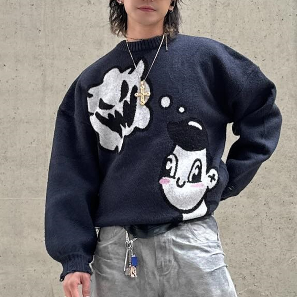 Herrenbekleidung 2024 neuer europäischer und amerikanischer Modetrend fauler Cartoon-Jacquard locker gestrickter Winter-Y2K-Pullover mit Rundhalsausschnitt_voghion.com