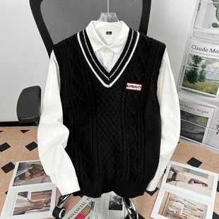 College Style Contrast Color V-neck Sweater Men's Loose Spring and Autumn Base Knitted Sweater Vest Couple's Inner Base