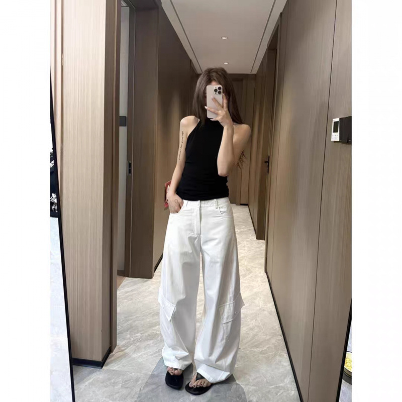 美式复古多口袋工装裤女款夏季高腰宽松阔腿拖地裤直筒微喇牛仔裤|undefined