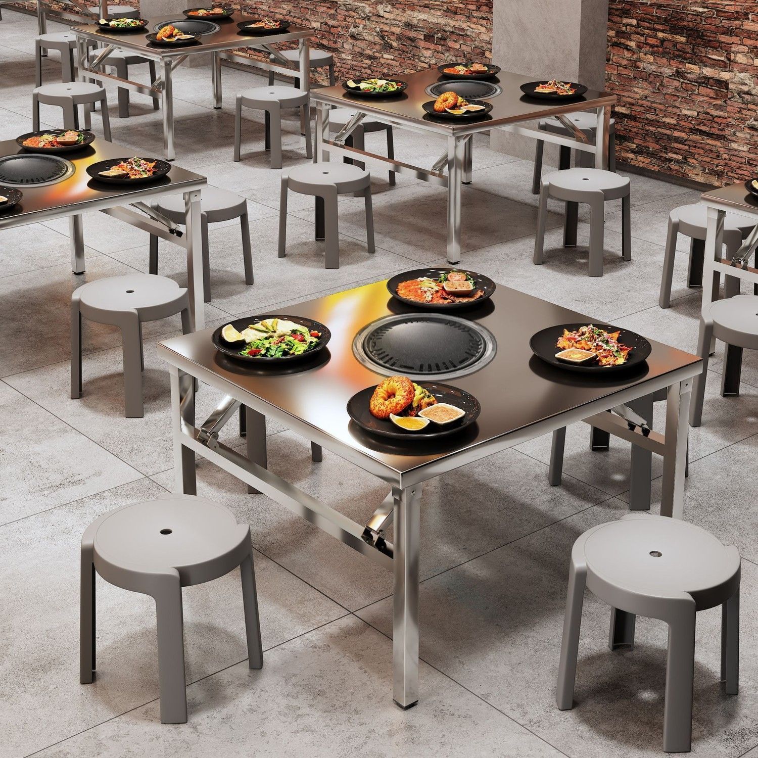 Stainless Steel Grill and Hot Pot Integrated Table with Induction Cooker, Korean-Style Grill, Restaurant Foldable Storage Square Table, Folding Table