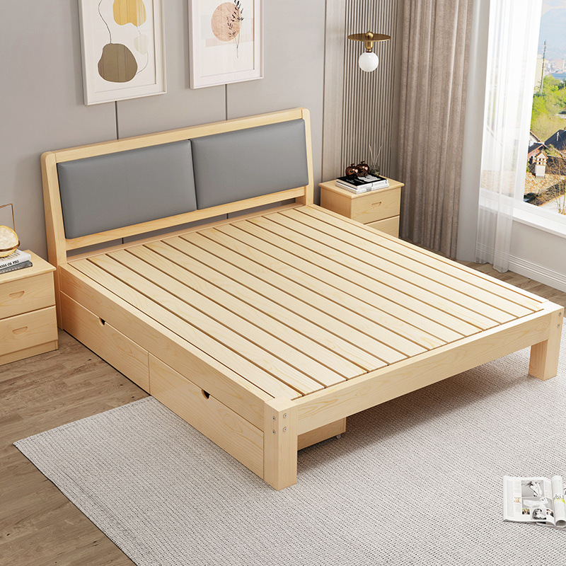 Cama de madera maciza Cama doble de pino de 1,8 m Hogar moderno simple Dormitorio de 1,2 m Casa de alquiler económica 1,5 m
