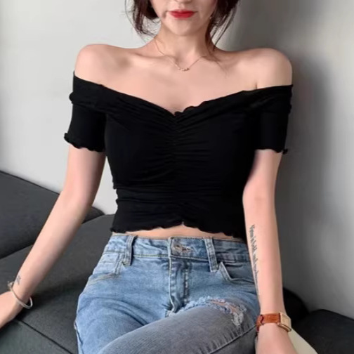 Cross-Border Sexy Pure Desire Ins Style Slim Fit Off-Shoulder Crop Top Deep V Ruched T-Shirt for Women Summer Short Top Trendy Women's T-Shirt