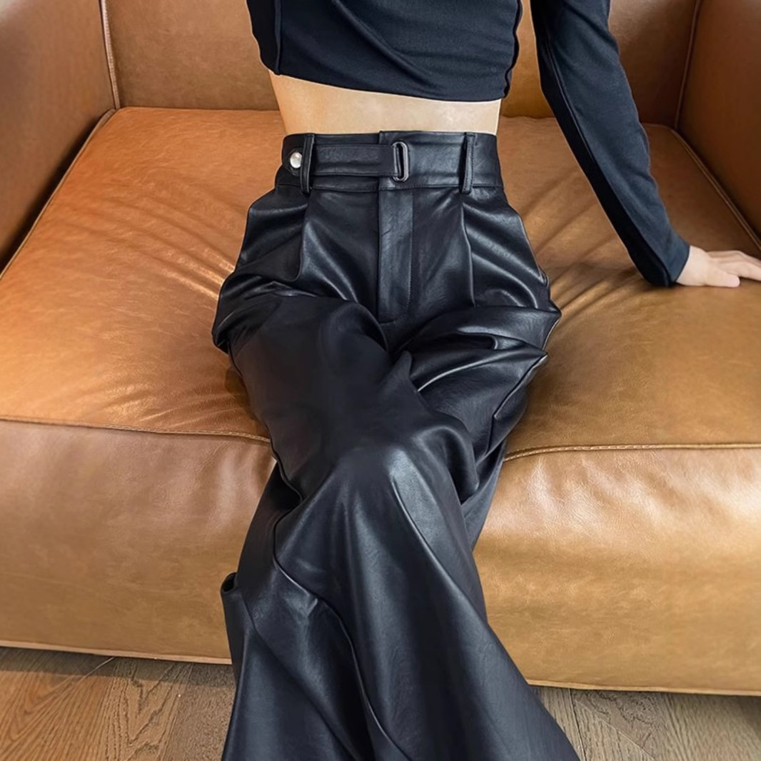 感咖色皮裤女直筒2025春秋新款阔腿裤软PU皮垂感显瘦休闲裤子