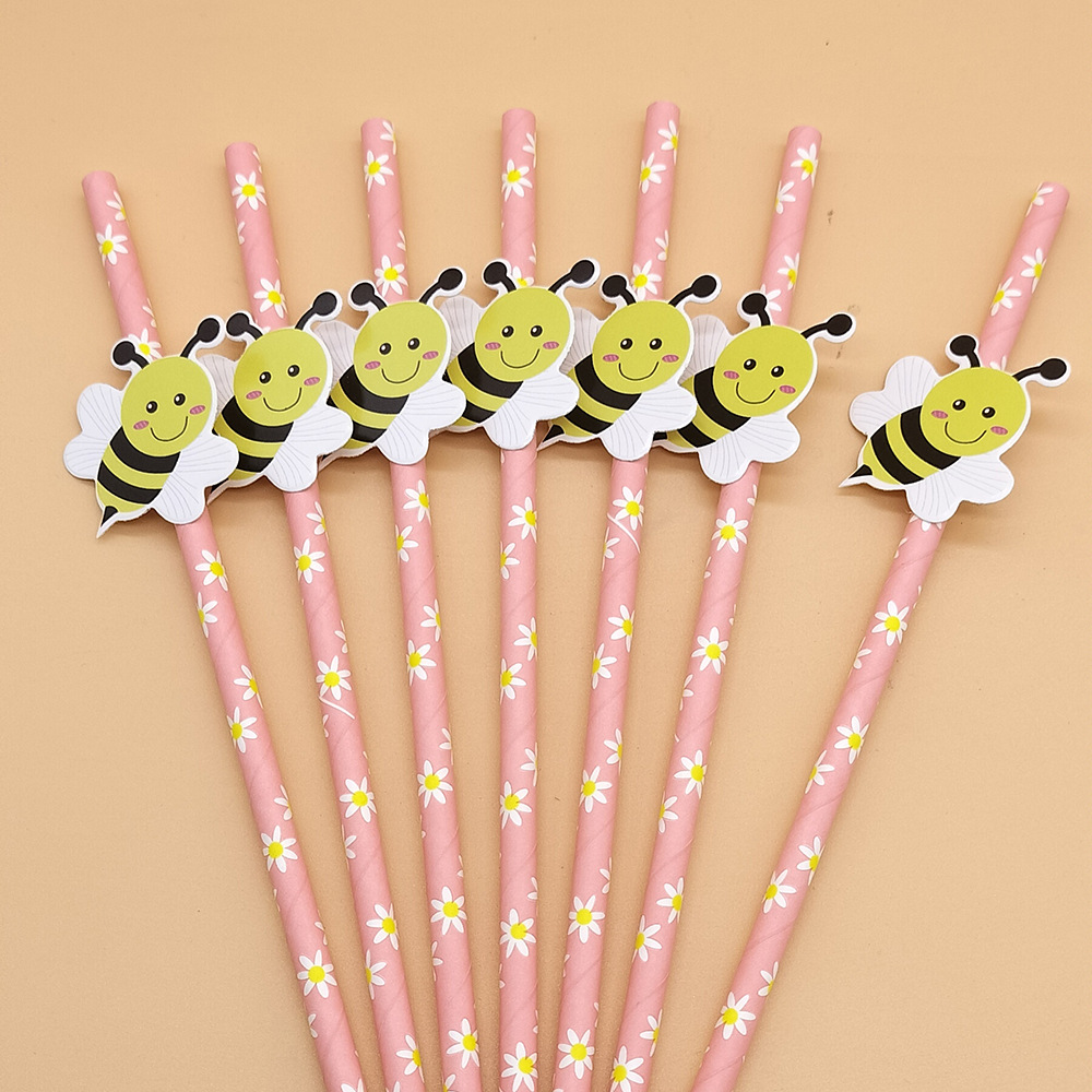 Red de papel rojo paja abeja tarjeta paja desechable degradable postre leche té creativo fiesta decoración paja