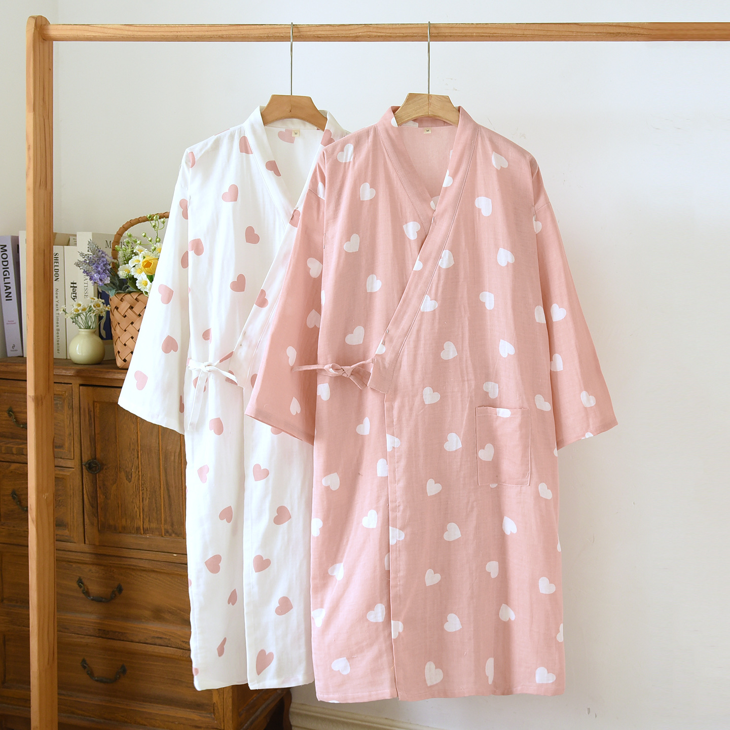 New Japanese-Style Women's Spring, Summer, and Autumn Thin Cotton Gauze Bathrobe Cardigan-Style Tie Sauna Robe