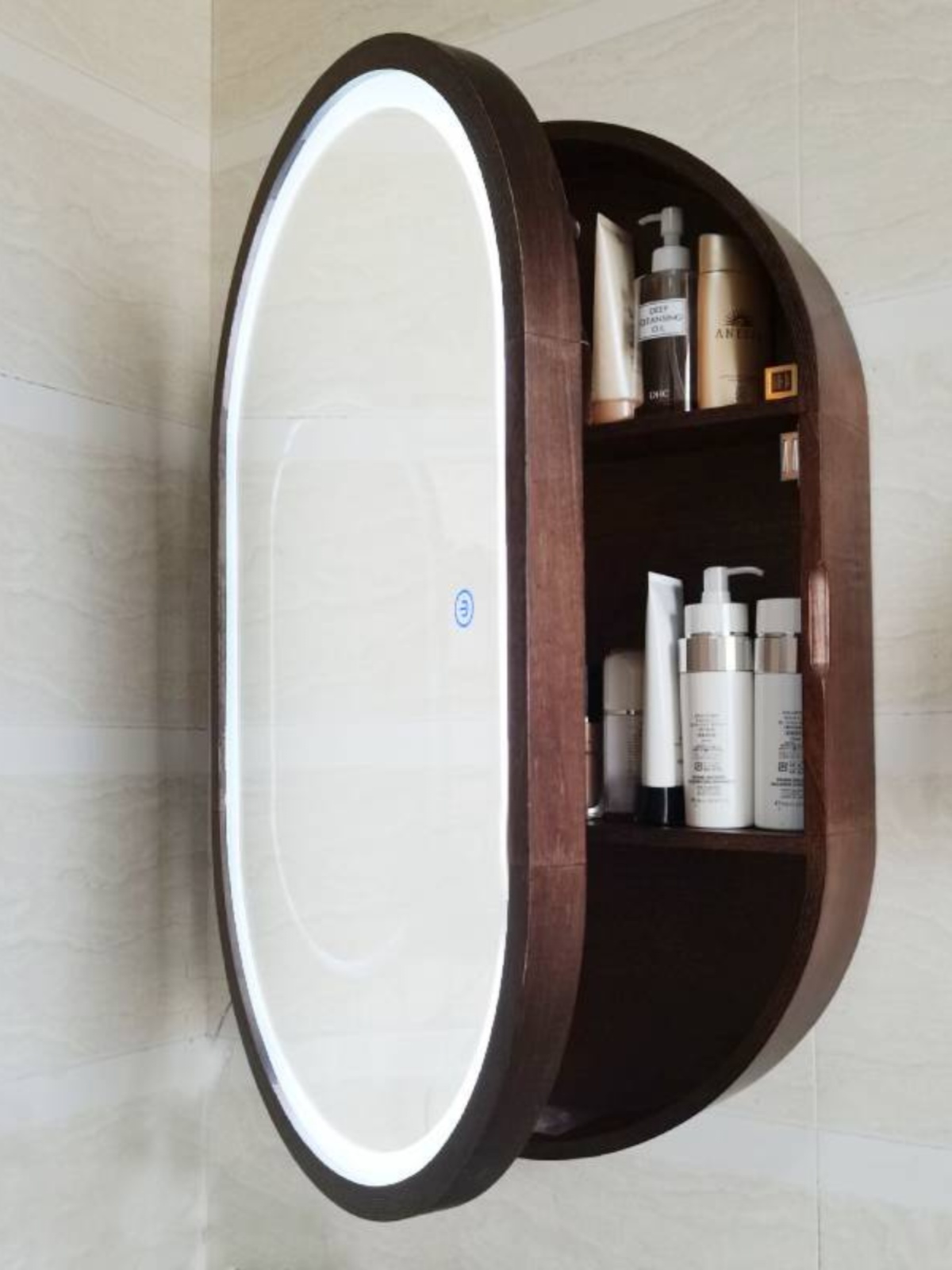 Oval Bathroom Mirror Cabinet Storage with Light Wall-Mounted Dressing Makeup Toilet Bathroom Mirror Wall-Mounted Full-Length Mirror
