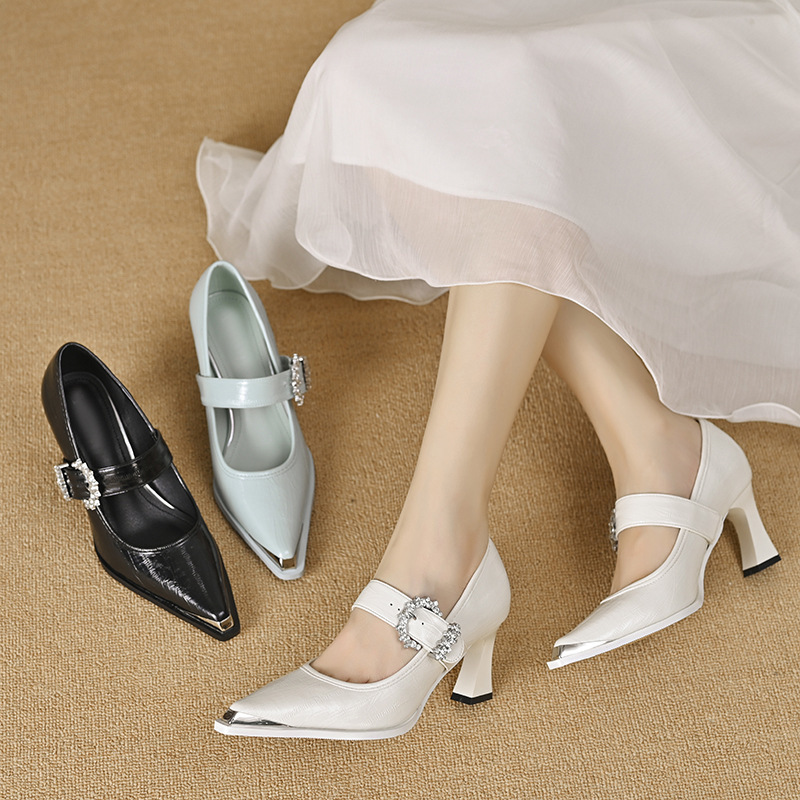 Genuine Leather Iron-Toe Shoes, Large Size, Fashionable One-Strap Mary Jane Shoes, European Style Pointed-Toe High-Heeled Shoes, Shallow-Mouth Women's Shoes