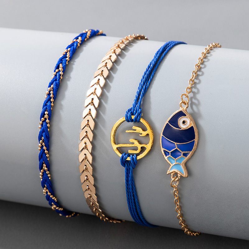 Cross-border Anklet Blue Braided Rope Cactus Fish Marine Elements Beach Style Four-piece Anklet display picture 5