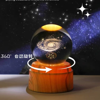跨境3D内雕星空水晶球带灯发光旋转小夜灯卧室桌面摆件生日礼物