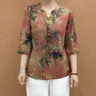 夏季新款休闲印花小衫时尚百搭宽松气质减龄好看妈妈装女T恤上衣