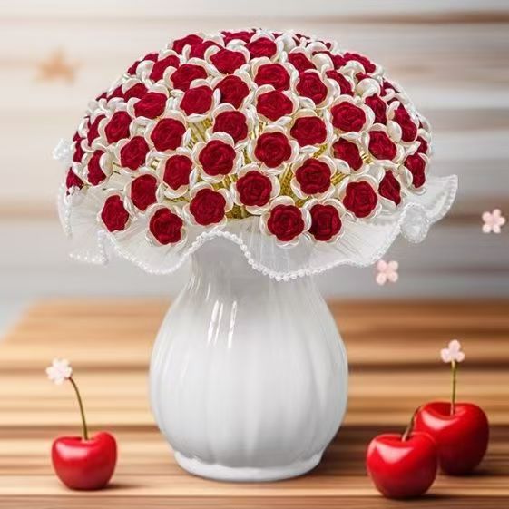 Cross-Border Rose DIY Hand-Woven Bouquet Ornaments Flocking Beaded Pearl Yarn Non-Withering Roses