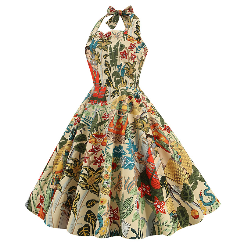 European And American Women's Hepburn Style Puff Skirt Dress Retro Print Halter Neck New 2026 Cross Border Exclusive_ecoleips.com