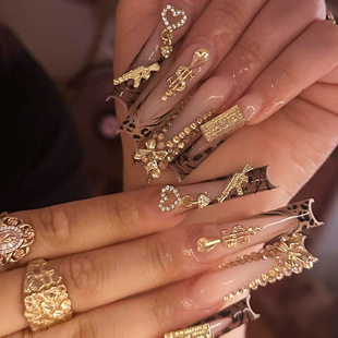 Europe and the United States cross-border hot water pipe a heavy industry bow gold diamond wear a leopard print long fake nails nail art