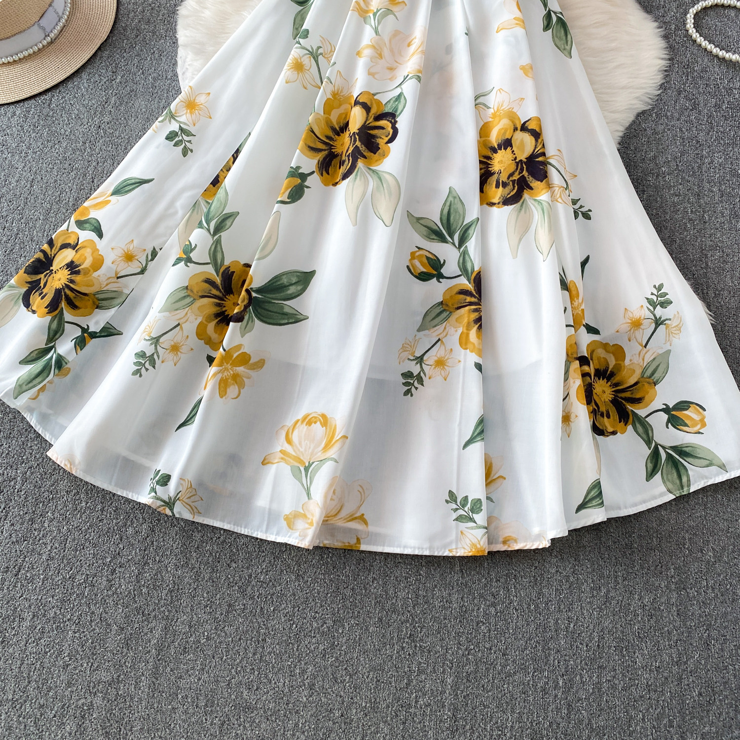 Romantic Floral Print Square Neck Dress European American Style Summer Suspender High Waist Cinching Slimming Full Skirt Women's Clothing_ecoleips.com