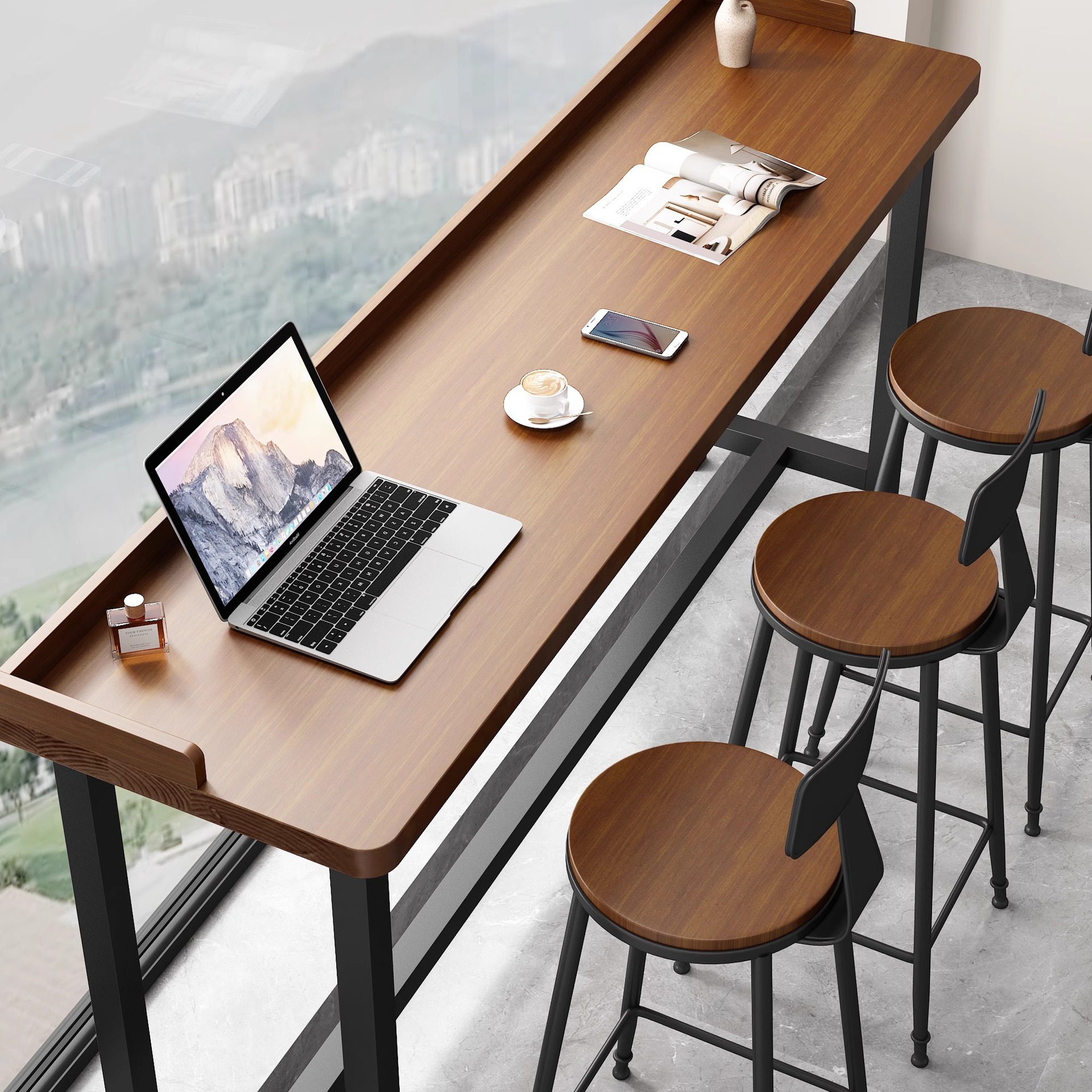 Bar Table for Home Use, Wall-Mounted Narrow Table, Long Table, Balcony Leisure Table, Milk Tea Shop, Bar Commercial High Table and Chair Set