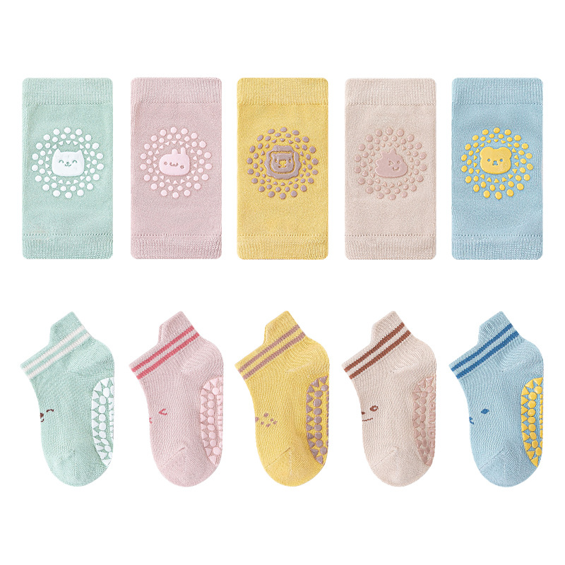 23 de malla de algodón fino bebé gateando Calcetines antideslizantes niños infantiles dispensando calcetines de piso rodillera separada conjunto de dos piezas
