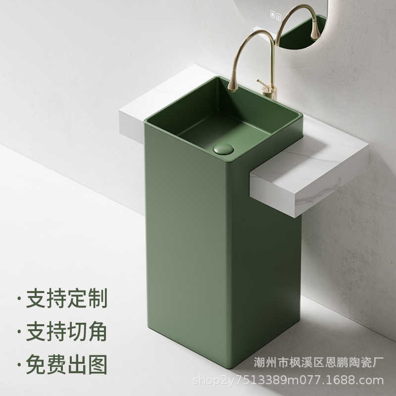Spring Green Square Ceramic Pedestal Basin for Home, Hotel, Outdoor, Integrated Floor-Standing Combination Washbasin with Customizable Countertop