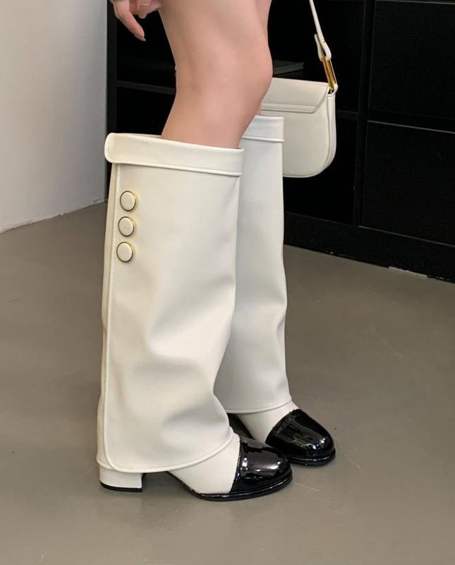 小香风圆头拼色骑士靴2025年春秋新款气质粗跟不过膝裤管靴女|undefined
