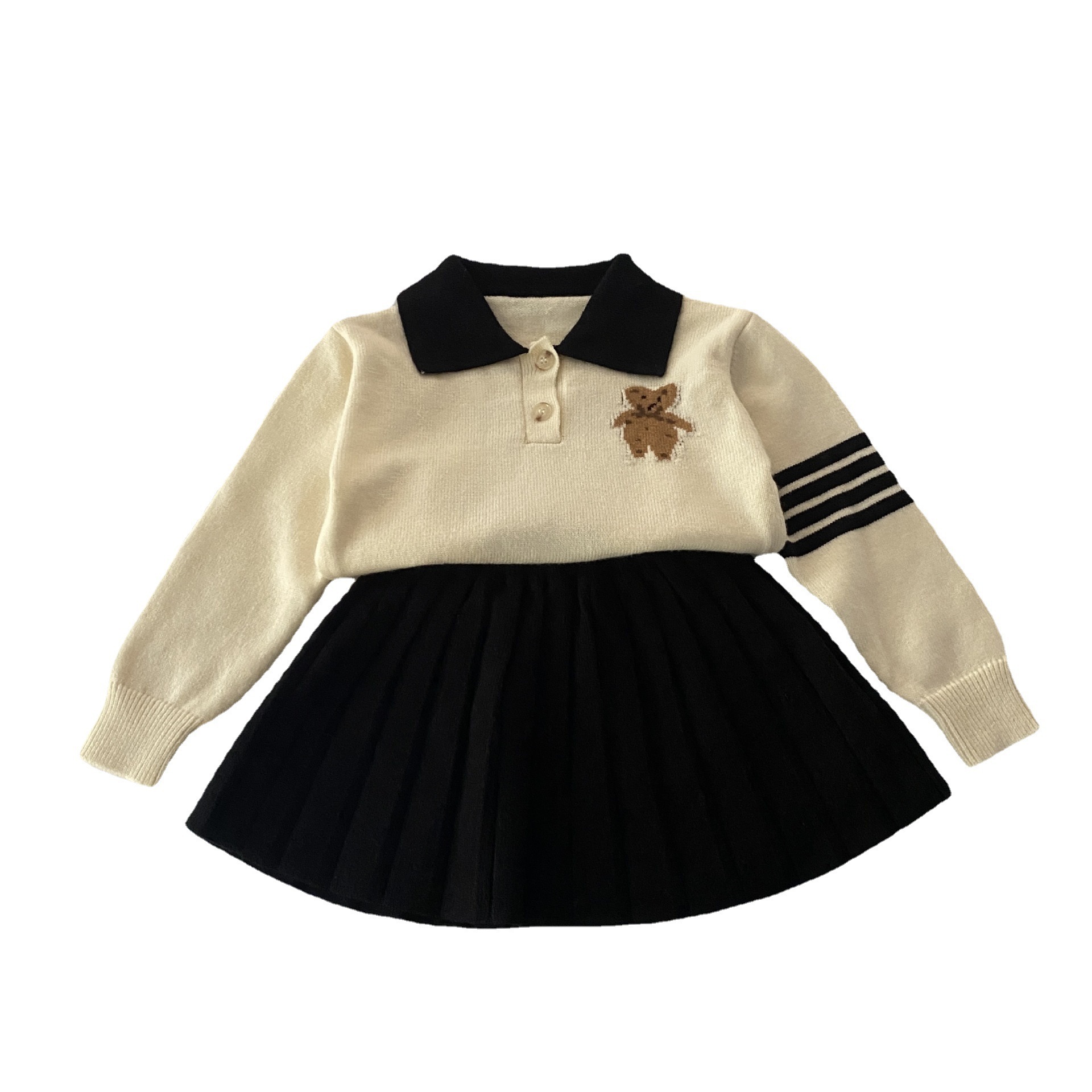Ensemble pull et demi-jupe pour filles, nouvelle édition coréenne, Style académique, dessin animé petit ours, automne 2022_voghion.com