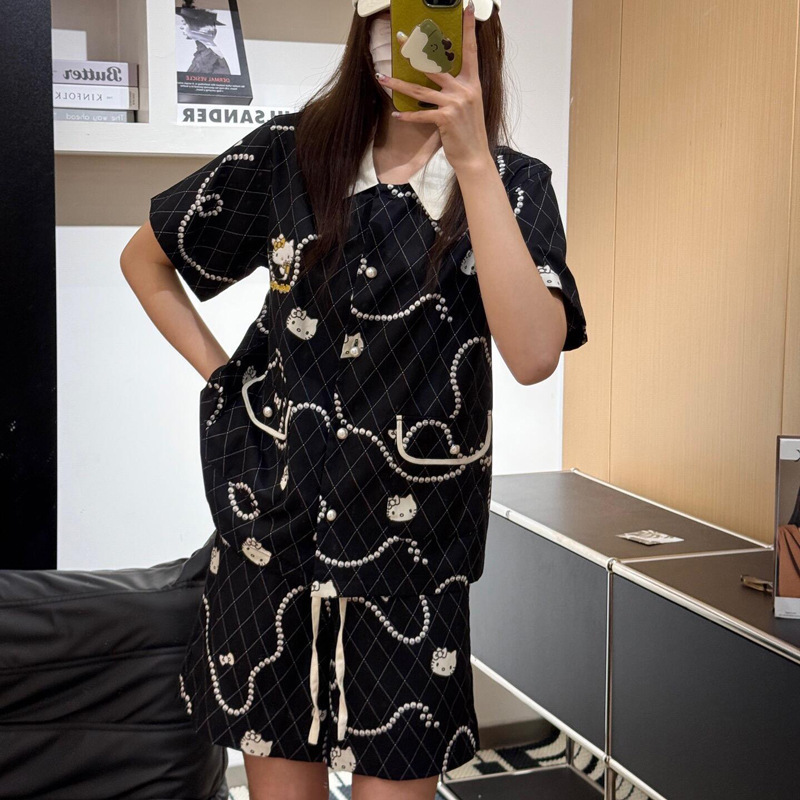 Summer Hello Kitty Tencel Cotton Pajamas for Women, Small Fragrant Style Black Gold Pearl Short-Sleeved Shorts Home Wear Set
