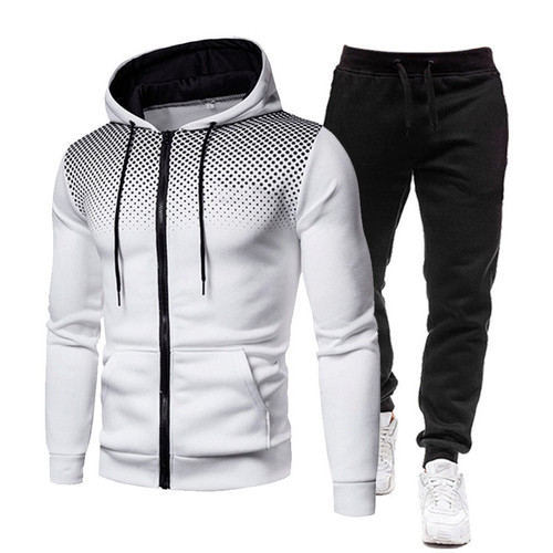 Dot Print Solid Color Zipper Set Autumn/Winter Fleece Men's and Women's Sweatshirts and Sweatpants with Hood