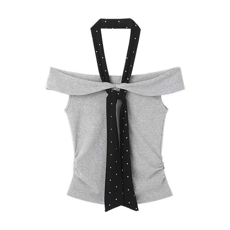Bowknot Polka Dot Halter Neck T-Shirt for Women, 2026 Summer New Style, Off-Shoulder Design, Slim Fit, Elegant Top