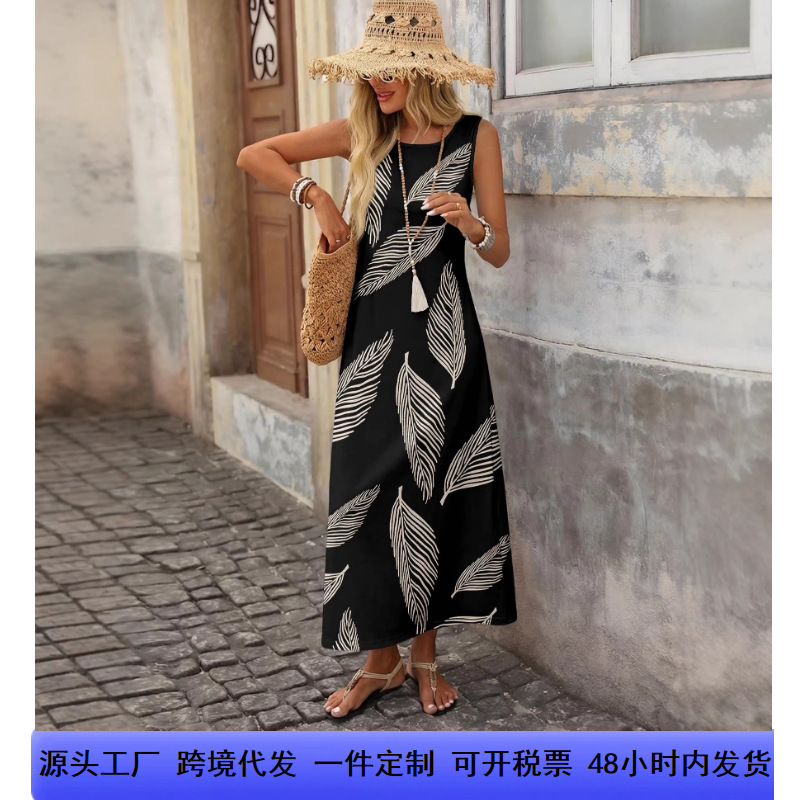 Foreign Trade Summer Long Dress with Feather Print, European and American Fashion Women's Camisole Dress, One-Piece Drop Shipping Foreign Trade Summer Long Dress with Feather Print, European and American Fashion Women's Camisole Dress, One-Piece Drop Shipping