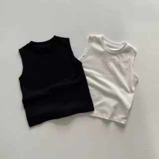 夏季新款儿童无袖纯棉背心男童女童圆领刺绣logo百搭针织上衣简约