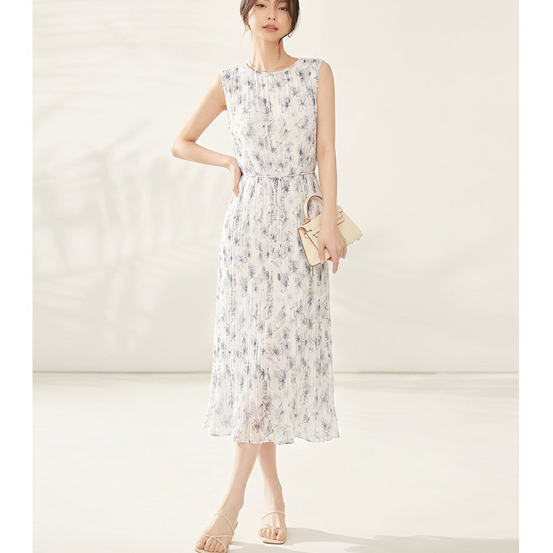 【Mo Order】Sweet Style Pleated Sleeveless Long Dress for Women, High-End Elegant Waist-Cinching Slimming Floral Chiffon Dress 【Mo Order】Sweet Style Pleated Sleeveless Long Dress for Women, High-End Elegant Waist-Cinching Slimming Floral Chiffon Dress