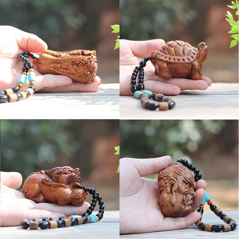 Laos Wood Carving Hand-Held Pixiu Zodiac Amulet, Solid Wood Pendant for Personal Use, Car Accessory with Bead Chain Laos Wood Carving Hand-Held Pixiu Zodiac Amulet, Solid Wood Pendant for Personal Use, Car Accessory with Bead Chain