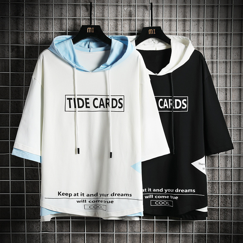 Cross-Border Dropshipping Spring and Summer Hooded Three-Quarter Sleeve Sweatshirt Men's Trendyy Contrasting Color Short-Sleeved T-Shirt Ins Large Size Bat Cross-Border Dropshipping Spring and Summer Hooded Three-Quarter Sleeve Sweatshirt Men's Trendyy Contrasting Color Short-Sleeved T-Shirt Ins Large Size Bat