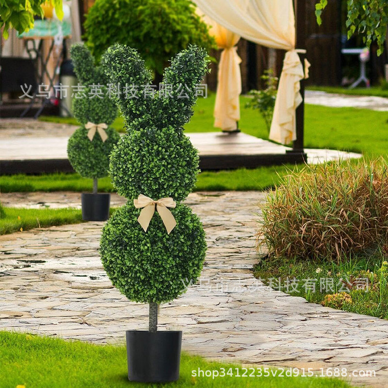 Cross-Border Hot-Selling Easter Artificial Rabbit-Shaped Tree with Milan Leaves, Rabbit Ground Decorations, Artificial Greenery Ground Decorations, Garden Gate Decorations