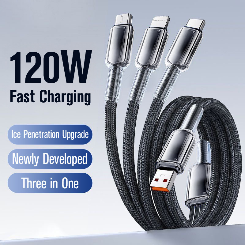 120w アイスクリスタルグラデーション 1 対 3 データケーブル、Apple、Android、Huawei の超高速充電に適したスリーインワン充電ケーブル|undefined