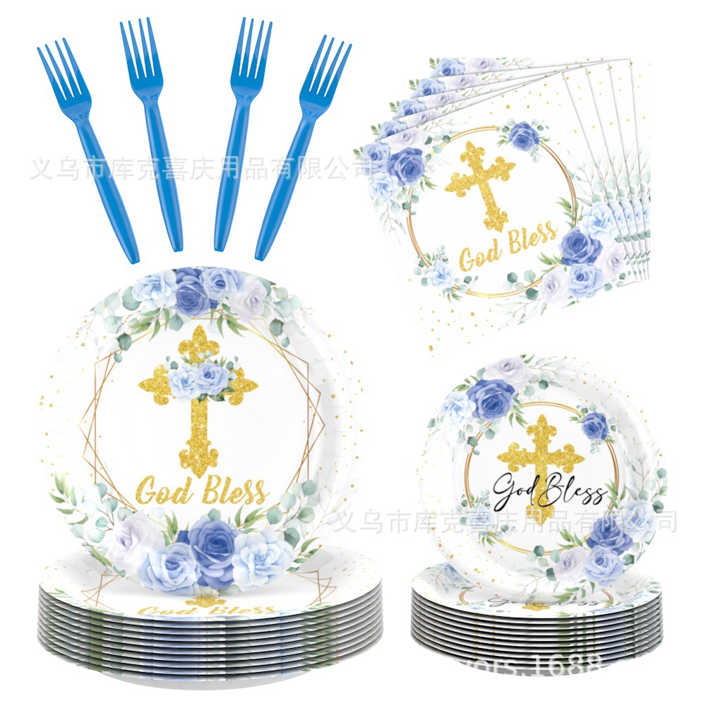 Bautismo azul bandeja de papel cubiertos Dios bendiga bebés eucaristía bandeja de papel desechable taza de papel set decoración de fiesta