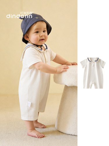 Baby crawling suit for boys and girls, thin short-sleeved crawling suit, navy blue baby onesie with a bow tie
