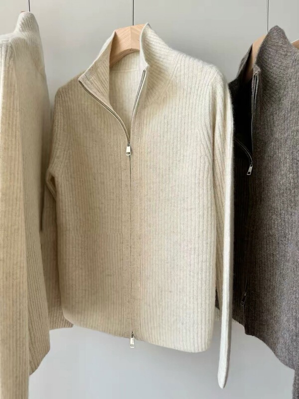 2026 Autumn Women's Zipper Knit Cardigan, Pure Wool Sweater, European Style Cashmere Stand Collar Sweater Coat
