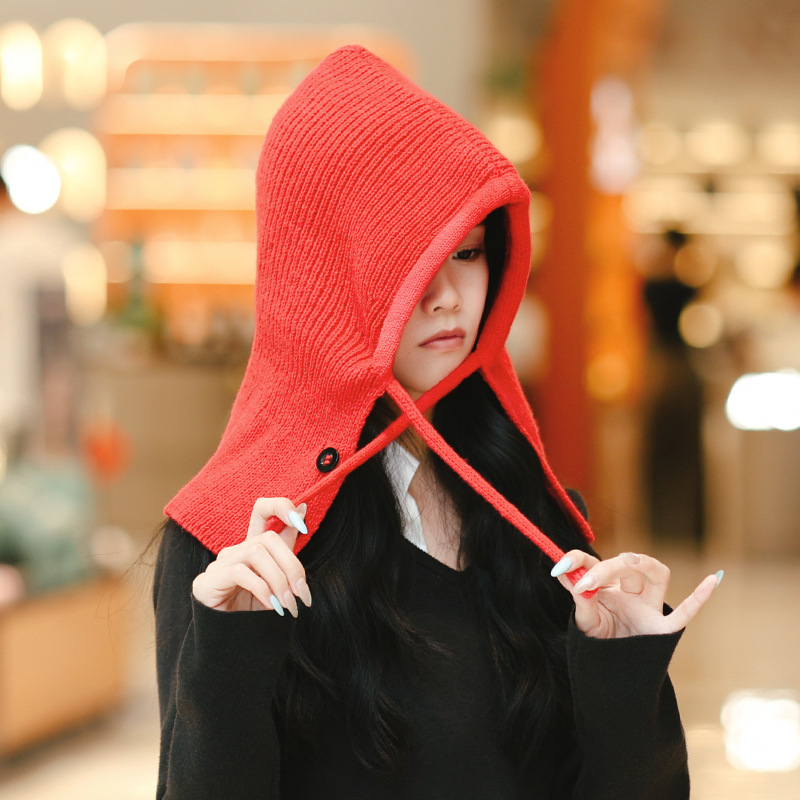 Cross-Border Fashion Knitted Pull-On Hat with Buttons Autumn and Winter Korean Style Warm Neck Scarf Ear Protection Cap Dual-Purpose