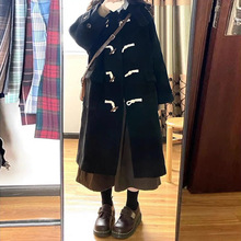 秋冬中长款加绒加厚牛角扣毛呢外套女连帽小个子呢子大衣