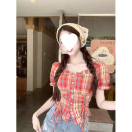 大码女装复古格子褶皱正肩短袖T恤女夏季胖mm收腰显瘦短款上衣潮