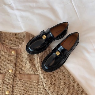 British Style Small Coin Thick-Soled Shoes for Women in Autumn and Winter, Soft-Soled Round-Toe Slip-On Small Leather Shoes for Women, Chunky Heel Loafers