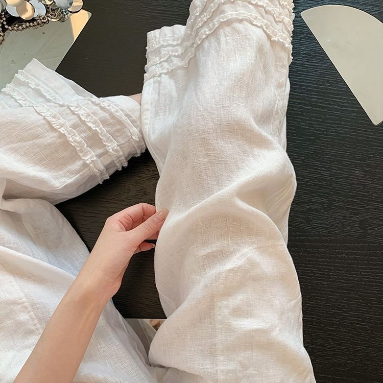 リラックスした耳付きストレートコットンとリネンの女性用カジュアルパンツ、夏の新しいスタイル、怠惰で多用途な白い9点ワイドレッグパンツ|undefined
