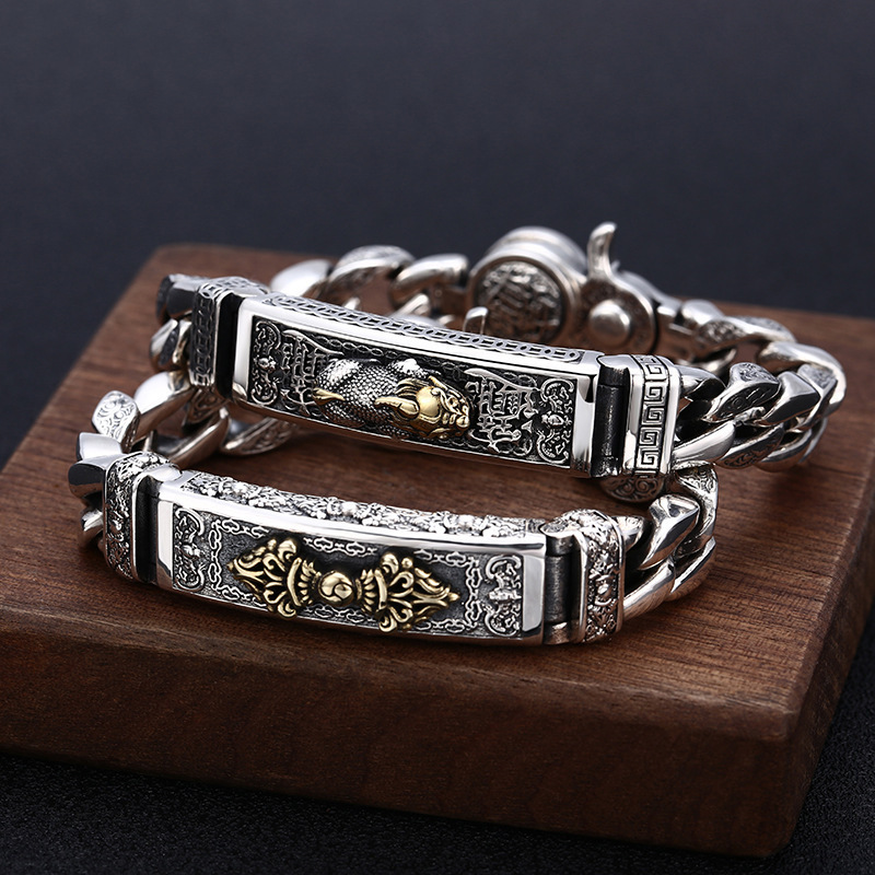 S925 sterling silver six-word mantra diamond stud Bracelet Men's retro personalized ethnic style trendy silver chain bracelet