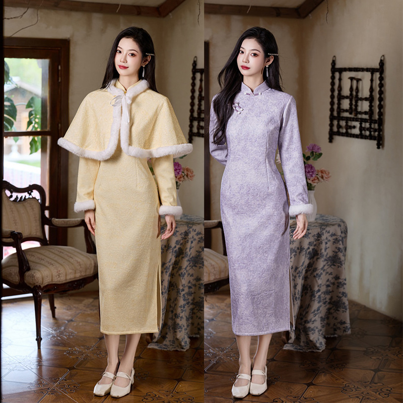Suzhou Cheongsam Winter 2025 New Improved New Chinese Style Girls Daily Gentle Slim Cloak Cheongsam Two-Piece Set