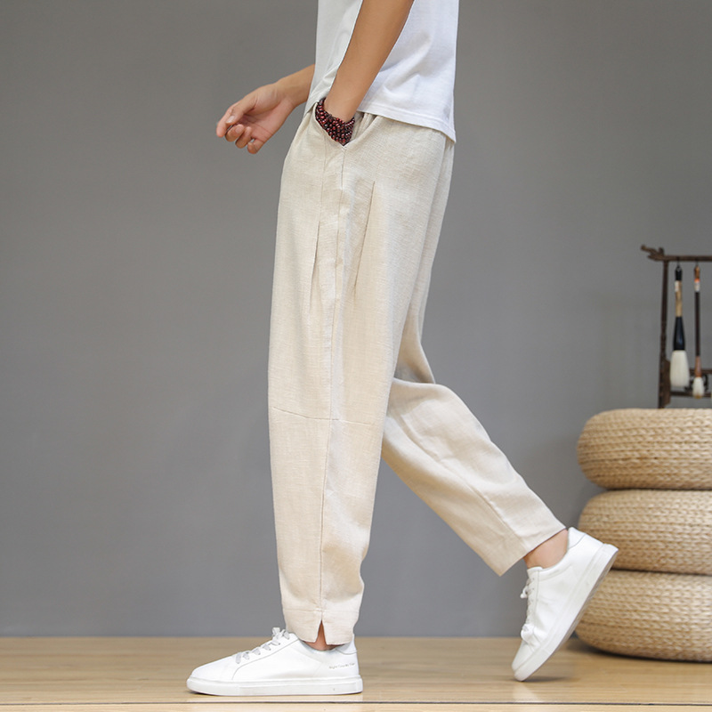 Men's Casual Cotton and Linen Pants Spring and Summer Chinese Style Wide-Leg Loose Large Size Linen Material Small Feet Slit Casual Pants