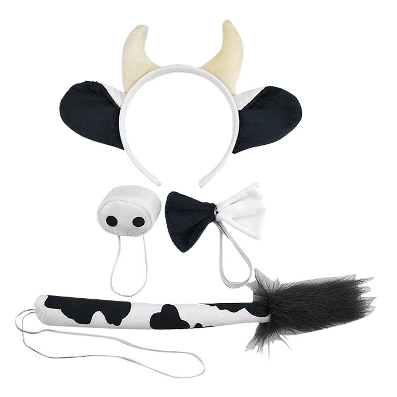 Diademas de animales de Halloween, orejas de vaca con cuernos blancas y negras de peluche, juego de cuatro piezas, accesorios para el cabello, venta directa de fábrica