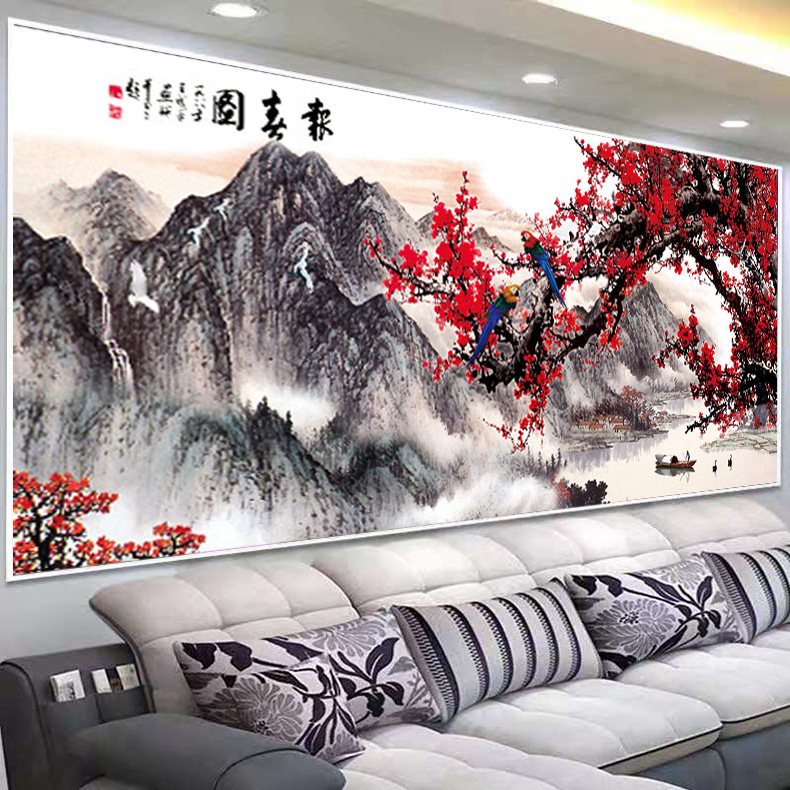 梅花报春图十字绣喜上眉梢线绣客厅大幅山水画手工绣满绣简约现代